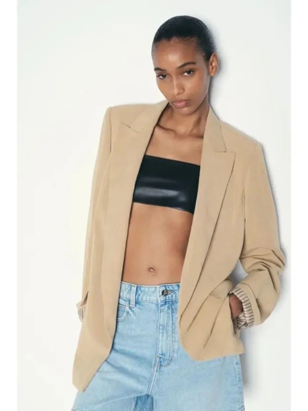 Zara Womens Blazer Jacket S Small Tan Rolled Sleeves Open Front 8372/266 NWT